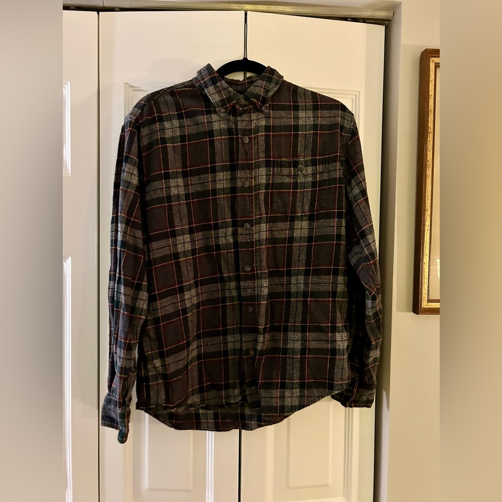 Weatherproof Sz M Grey & Red Plaid Fisherman Core Cotton Long Sleeve Button Down